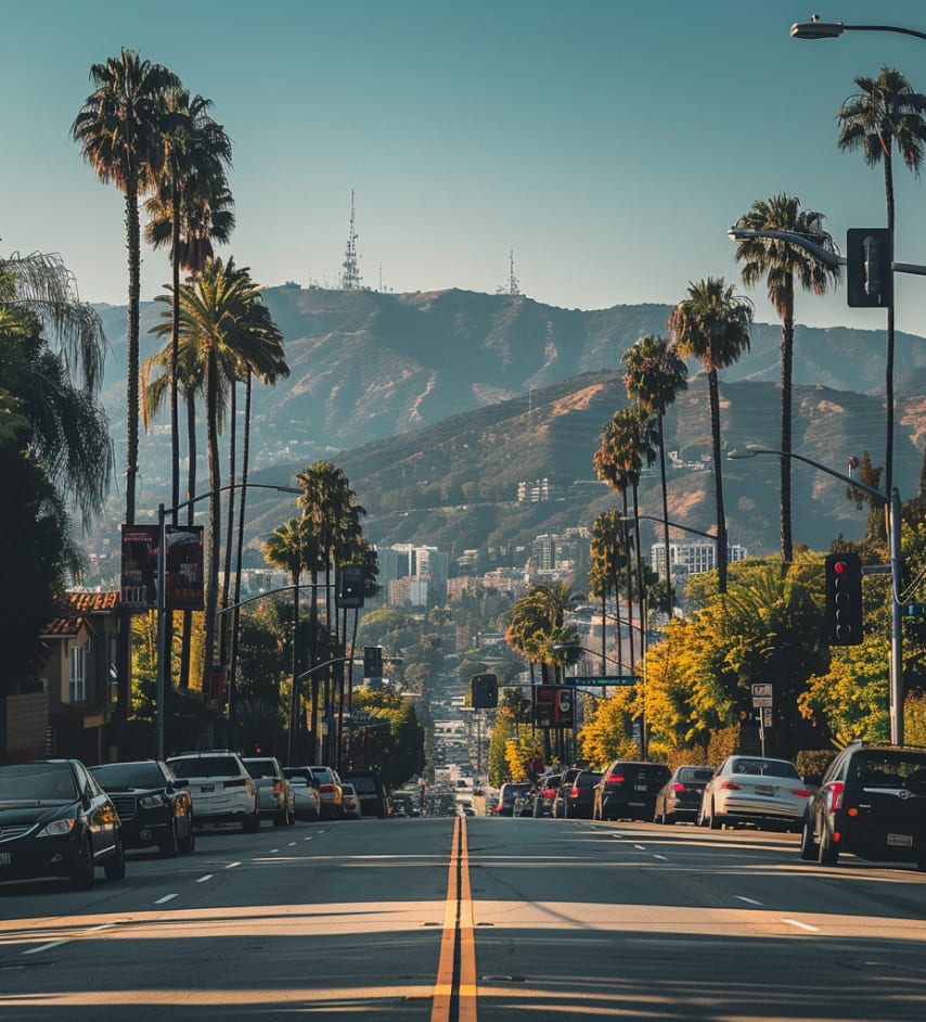 A street in Los Angeles lined with parked cars and tall palm trees, with mountains and transmission towers visible in the background.