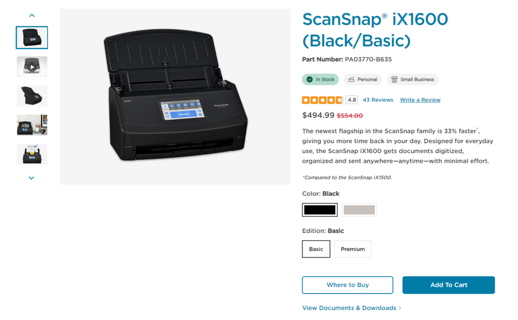 ScanSnap iX1600 scanner displayed on an online store page with price and details