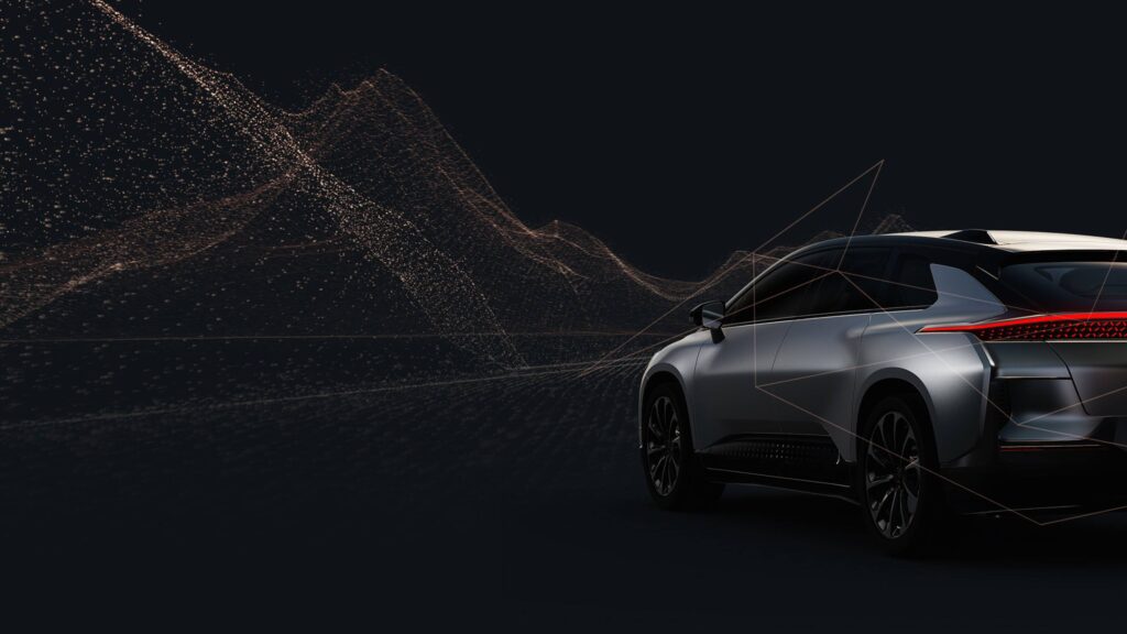 Sleek modern electric vehicle with light traces representing aerodynamic testing in a virtual environment